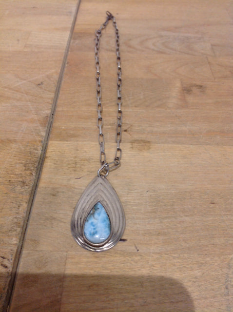 Necklace -  Silver Link Blue Stone Pendent