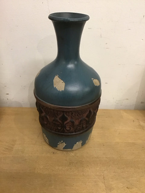 10" Antique Style Metal Blue & Brown Medallion Vase