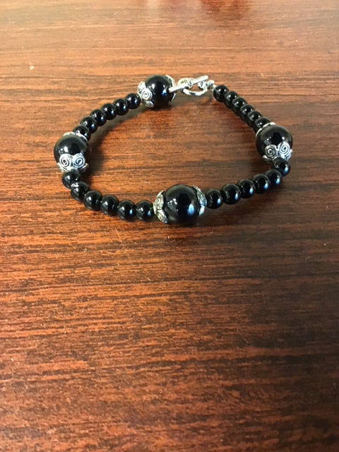 Black Beaded Silvertone Bracelet