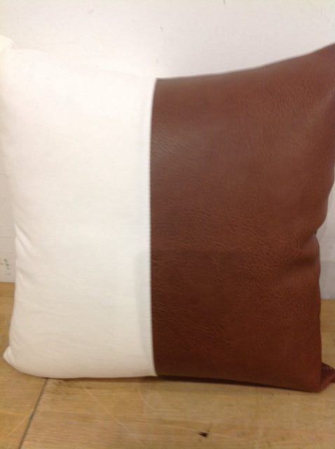 Pillow- 16" White & Brown Leather