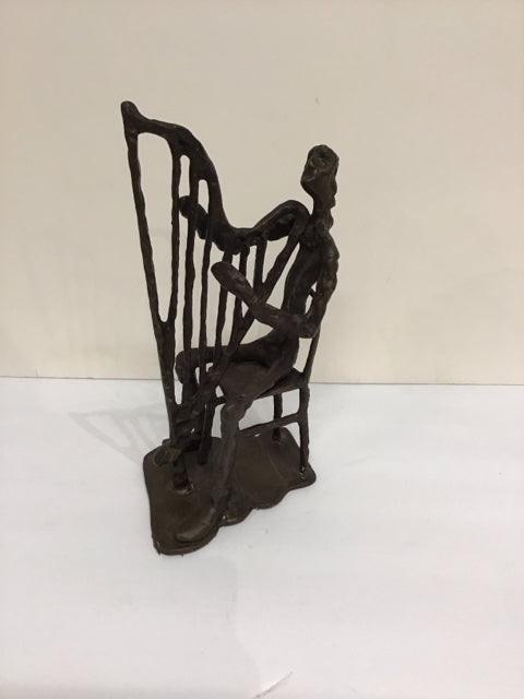 Brutalist Metal Sculpture Man Playing Harp