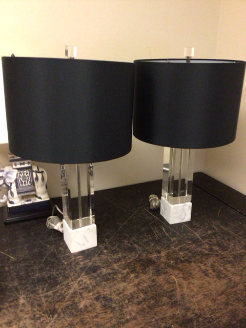 Pair Of Robert Abbey Glass/Marble Base Table Lamps W/Black Shades