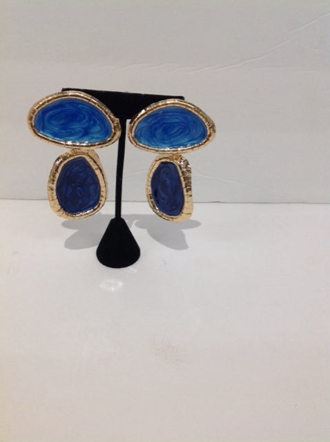 Gold Earrings w/Blues Enamel Dangle