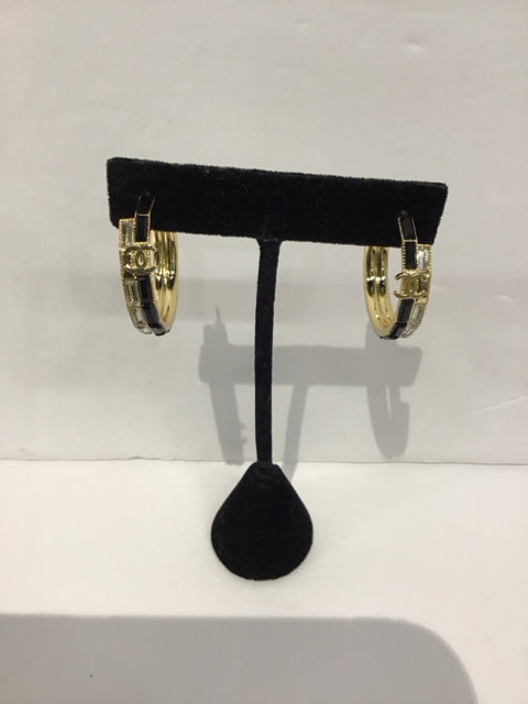 Chanel Style Gold Earring w/Black Stones & Crystals