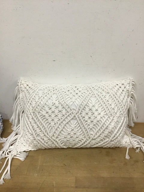 19"x11" White Macrame Relax Lumbar Pillow