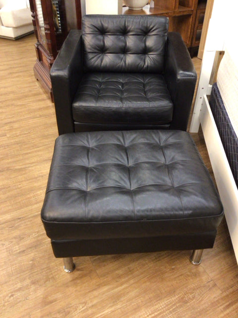 IKEA Morabo Black Leather Chair & Ottoman