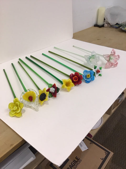 Set/10 Murano Glass Flowers w/Long Green Stems