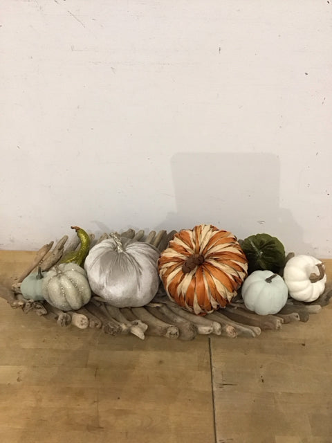 Set Of 9 32" Driftwood Bowl W/8 Assorted Pumpkins & Squash