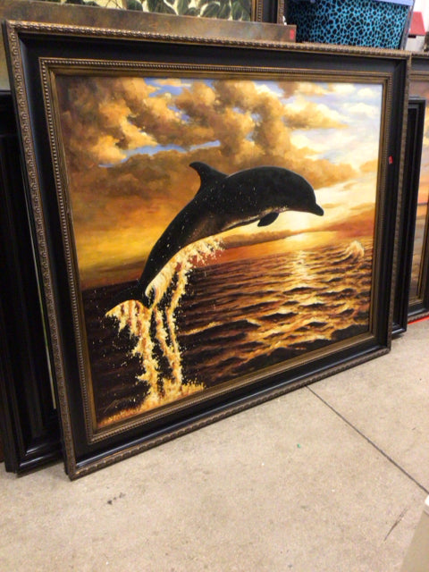 70" X 58" Framed Dolphin Jumping Oil Painting On Canvas