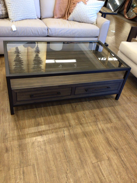 Havertys Archer Wood & Metal Glass Top Coffee Table
