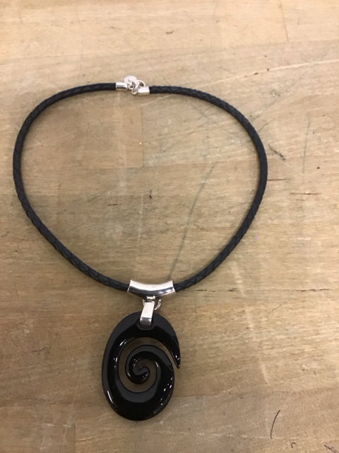 Leather Like Choker W/Silver & Black Swirl Pendent