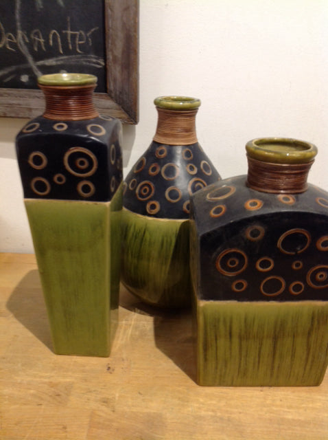 Vases- Set Of 3 Green & Black Ceramic