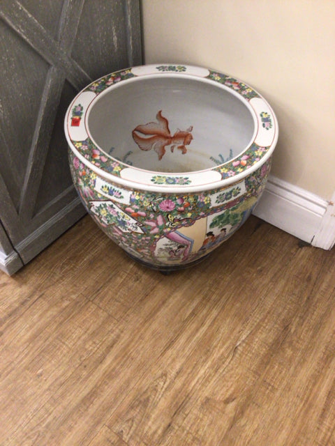22" Round Asian Ceramic Planter On Caster Metal Base