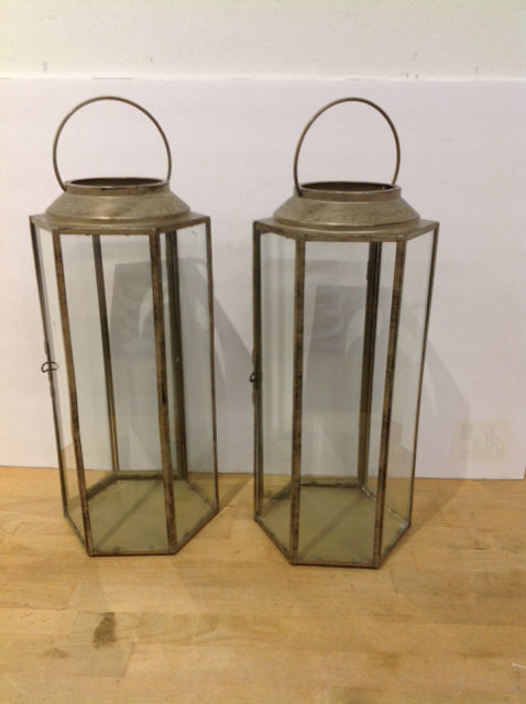 17"H Pair Metal  Hurricane Glase Lantern Candle Holders