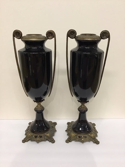 Pair 18" Black Porcelain Urns w/Metal Base & Handles
