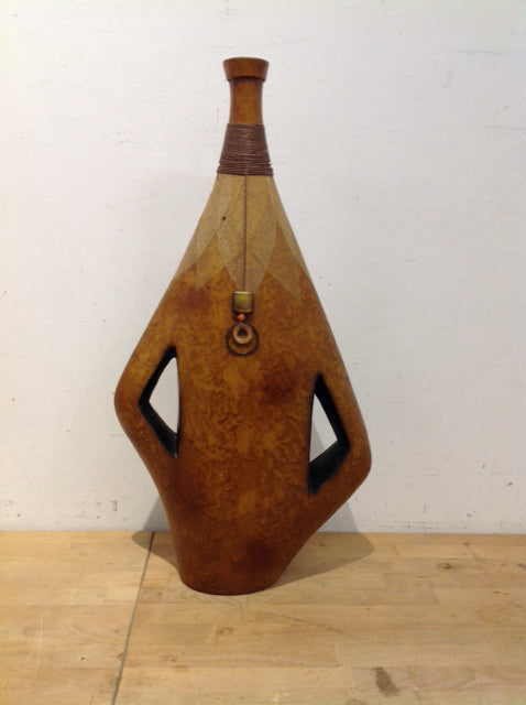 26.5" Tribal Wood Vase w/Handles & Dried Leaves