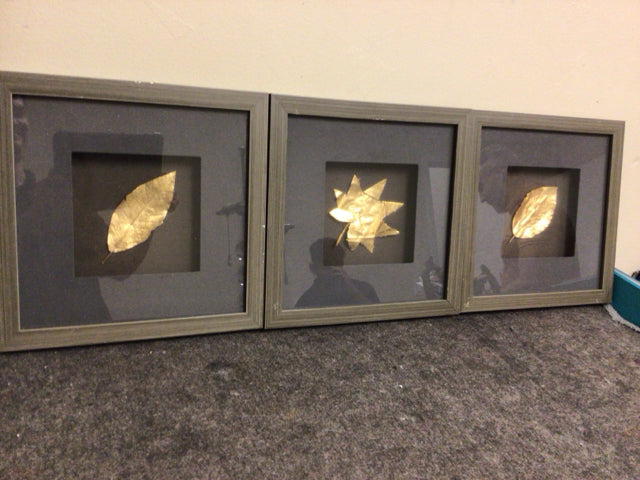 11 7/8" Square Set Of 3 Gold Framed Leaf Wall Decors