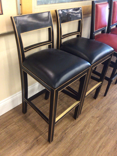 Pair Of Frontgate Black Wood & Leather Bar Stools