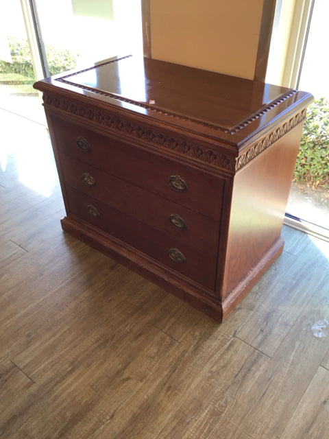 AS-IS Light Wood Carved Three Drawer Gold Accent Nightstand