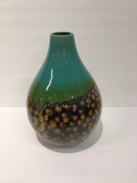 14" Turquoise Brown Glazed Ceramic Vase