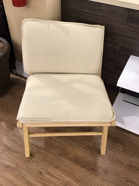 Tan Upholstered Wood Club Chair w/Rattan Back