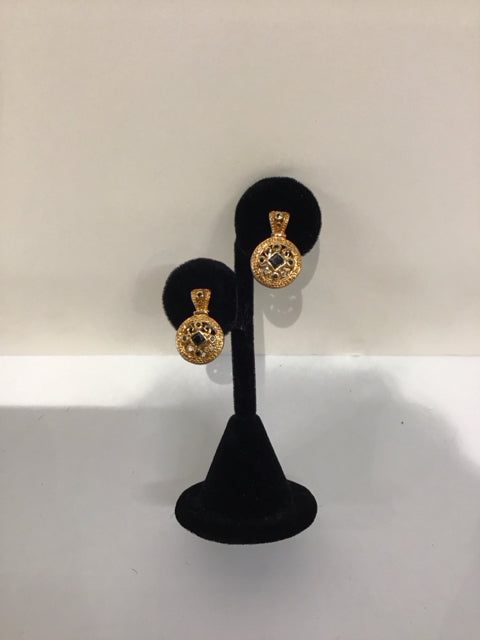 Gold Tone Earrings w/Black Stone Accents