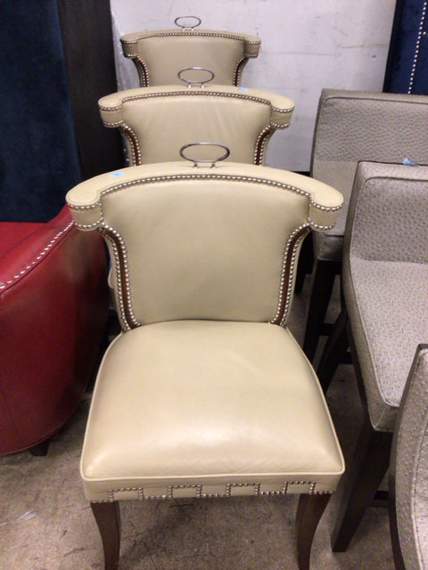 AS-IS Set Of 3 Global Views Beige Leather Dining Chairs W/Studs(Wear On Wood)
