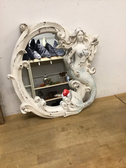 17.5x16" Wood Carved Distressed Mermaid Mirror