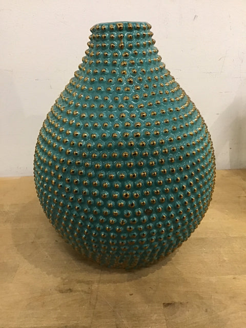 22.5" Teal Beaded Gold Dot Vase