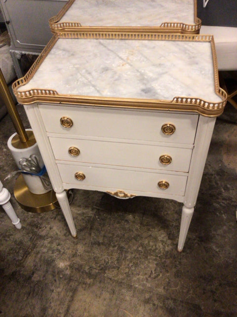 Painted White Three Drawer Marble Top Gold Rail Accent End Table