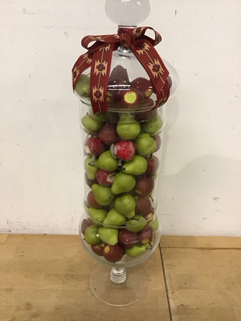 22" Glass Apocethary Lidded Jar W/Decorative Apples & Pears