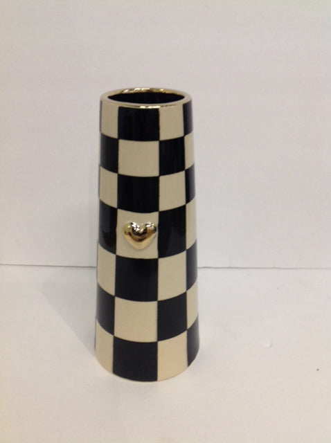 Black White Checkered Ceramic Vase w/Gold Accents