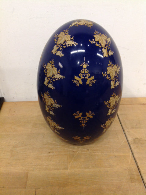 12" Blue & Gold Ceramic Egg