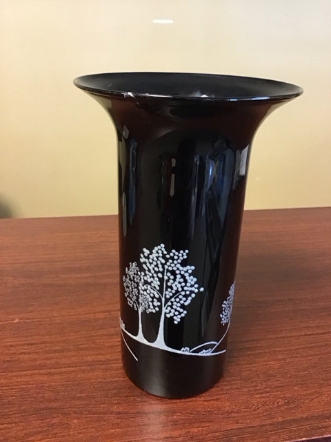 11" Black White Flowers Glass Vase