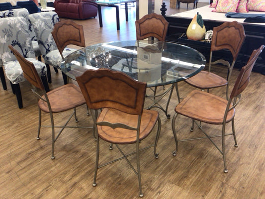 54" Round Glass/ Leather and Metal Table/6 Chairs