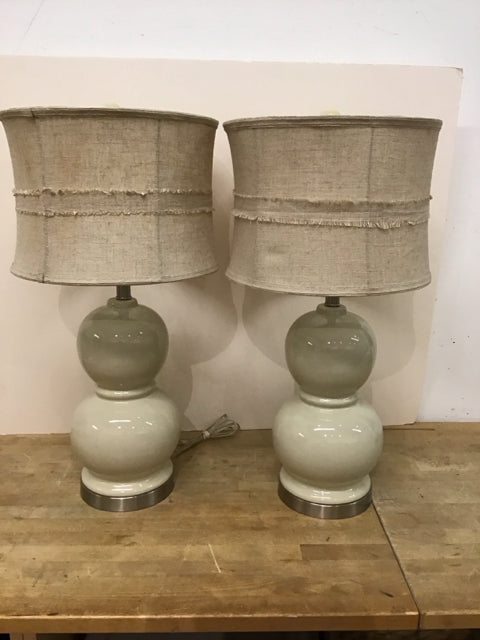 27" Pair Ivory Double Gourd Ceramic Lamps w/Burlap Shades