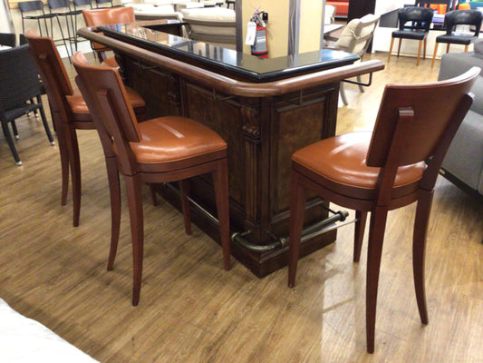 Set Of 4 Brown Leather & Wood Swivel Bar Stools