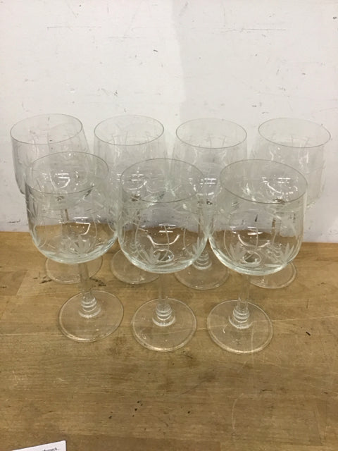Set Of 7 Victoria By Morgantown Etched Wine Glassess Stemware