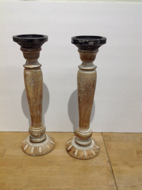 15.5" Pair Weathered Wood Column Candle Holders