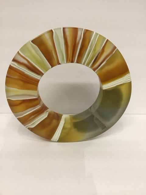 12"Rd Art Glass Sculpture w/Orange/White Amber