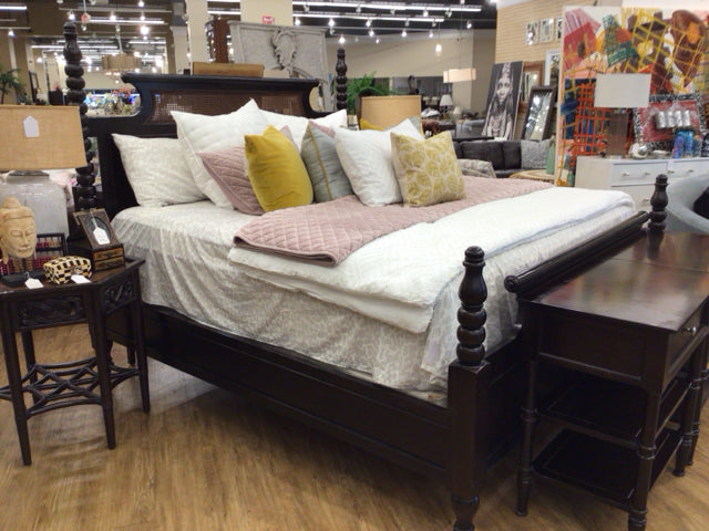 Drexel Heritage Dark Brown Wood & Cane King Bed