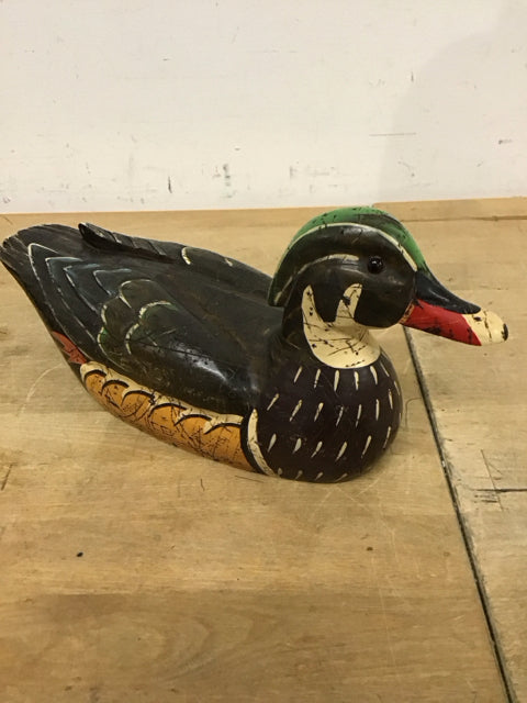 13" Carved Wood Painted Duck Sculpture