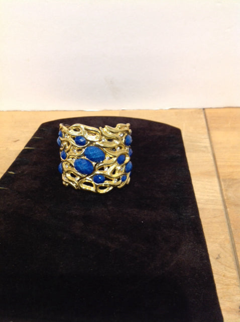 Gold Metal w/Blue Bead Cuff Bracelet