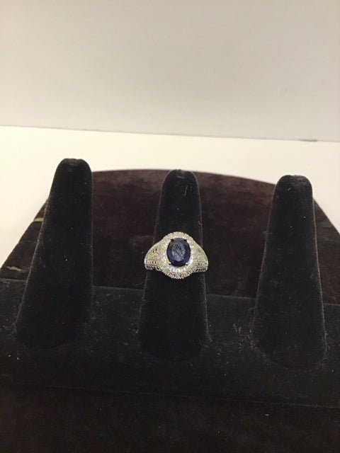 Silver Ring w/Blue & Clear Rhinestones