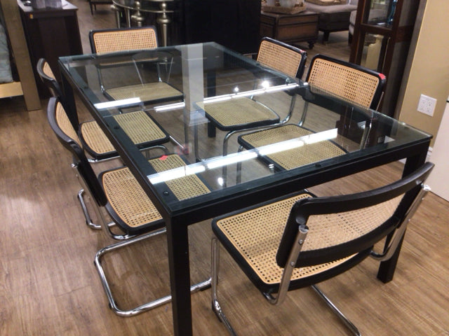 72" X 42" Crate & Barrel Metal Base Glass Top Dining Table