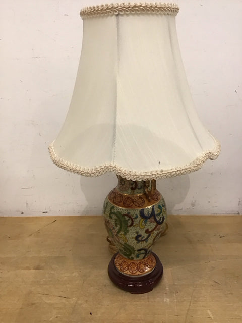 17" Vintage Hand Painted Table Lamp W/Cherry Wood Base