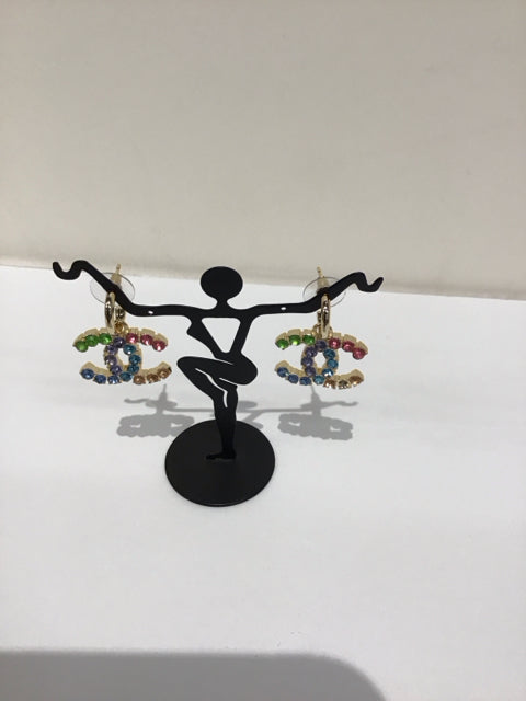 Chanel Style Gold Earrings w/Rainbow Crystals