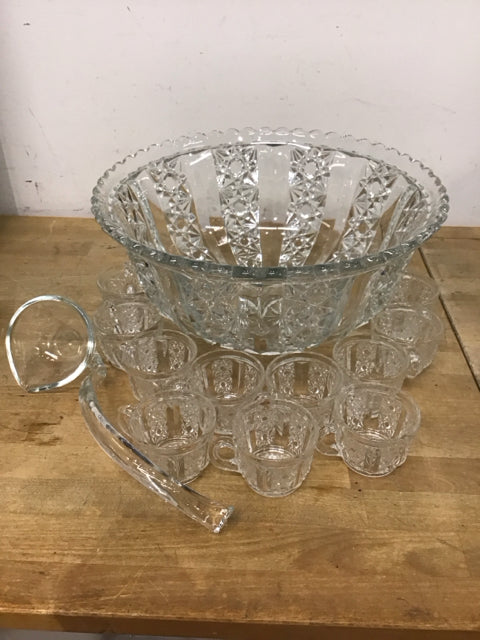 Cut Glass Punch Bowl W/12 Cups & Ladle