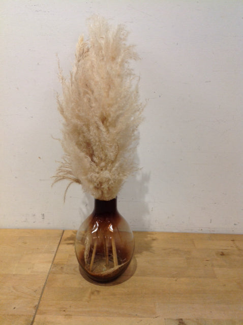 11" Faux Pampas Grass in Brown Glass Vase