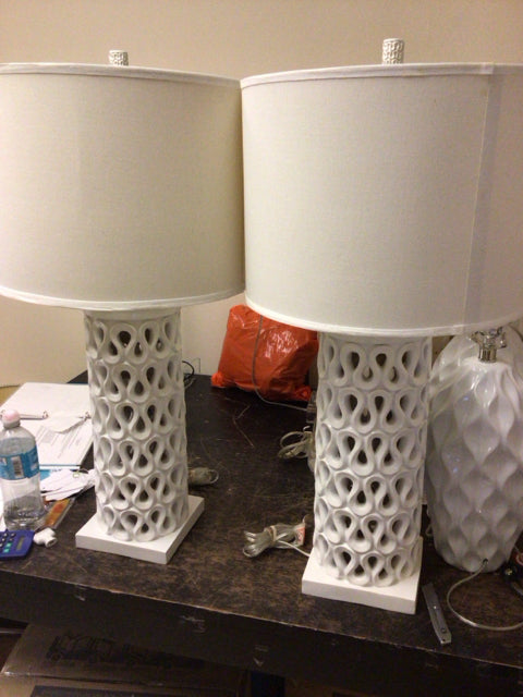 Pair Of White Ceramic Swirl Table Lamps W/Shades